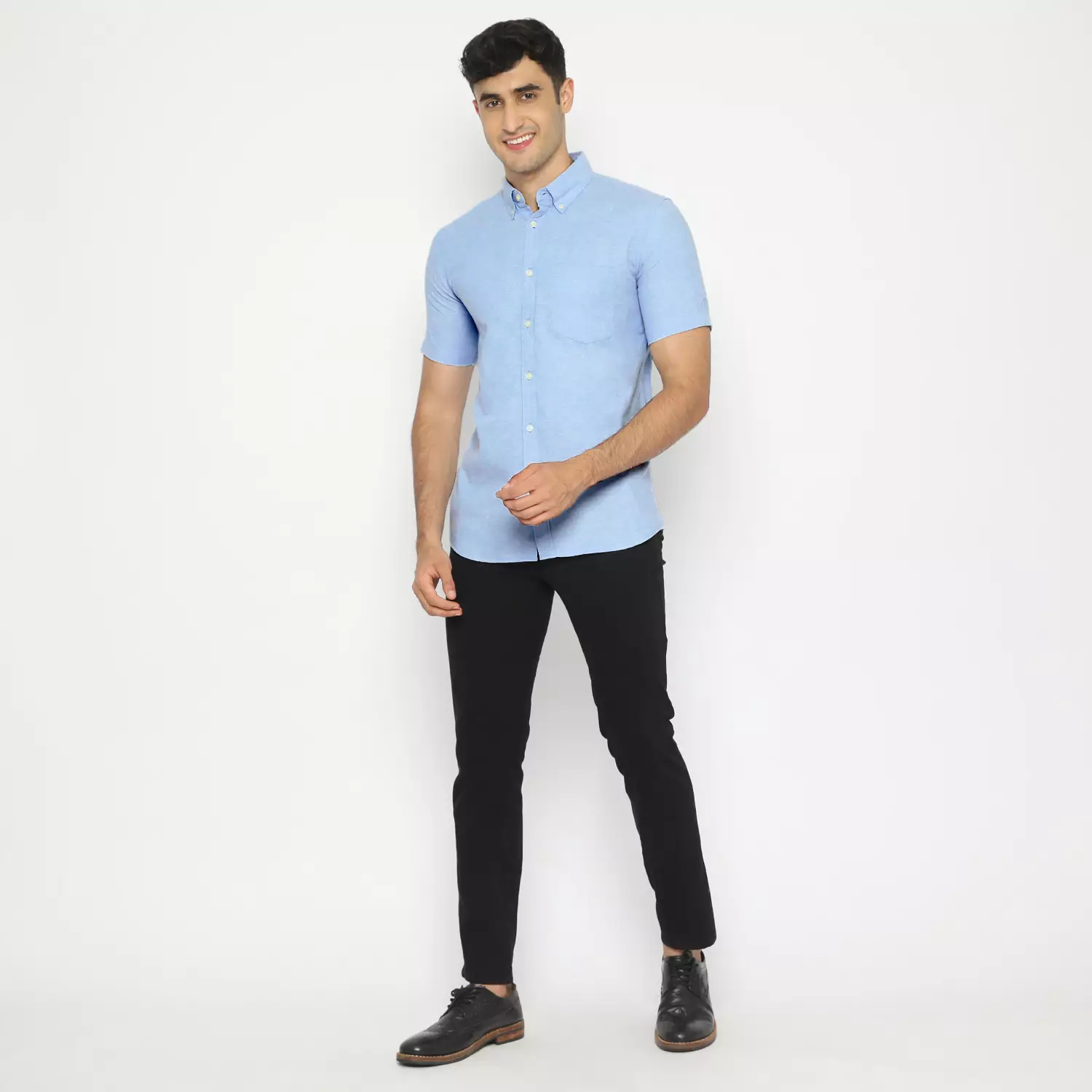 Platini Kemeja Pria Polos Lengan Pendek Katun Oxford Light Blue 1069