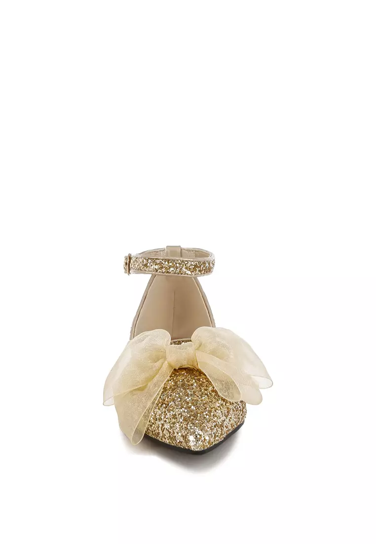 Sheer Bow Detail Glitter Flat Sandals in Gold