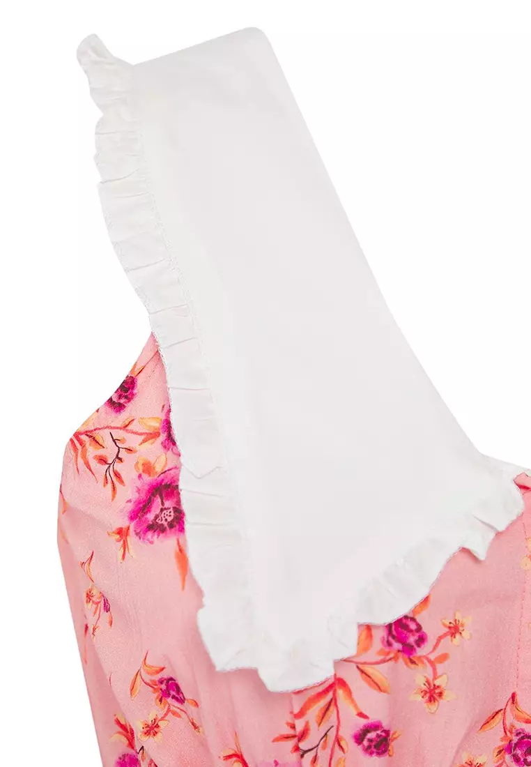 Pink Floral Poplin 100% Cotton Bebe Collar Midi Woven Large Size Dress Tbbss25Ah00158