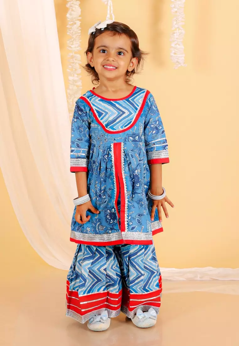 True Blue Girls Anarkali Kurta Sharara Set