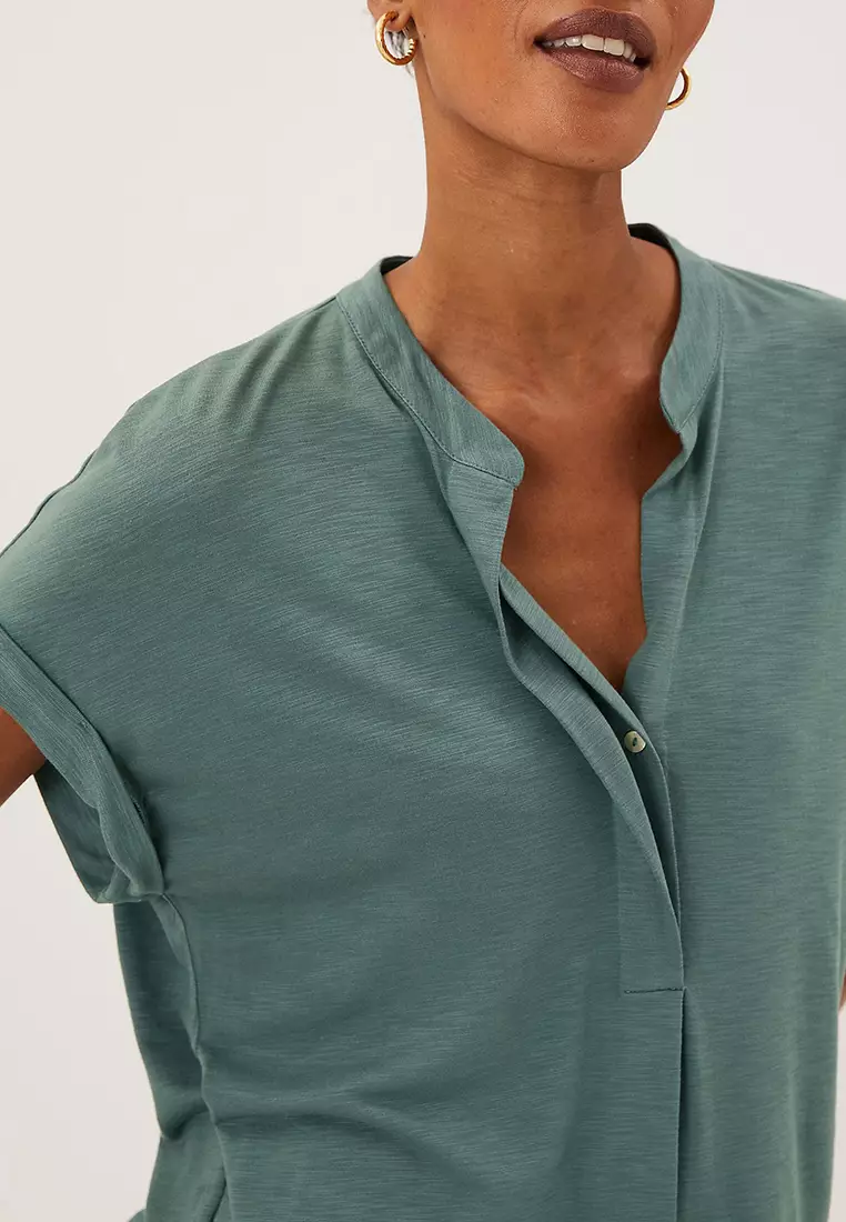 Jersey V-Neck Short Sleeve Popover Blouse