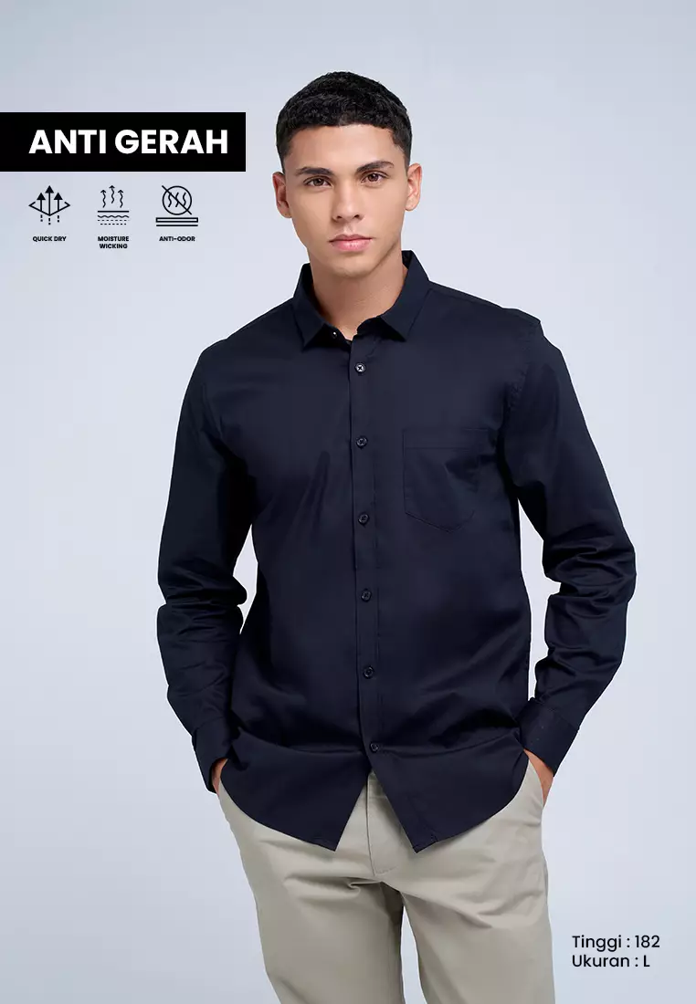 MANZONE - Kemeja Lengan Panjang Pria Jazbe 5 Modern Fit - Black Warna Black