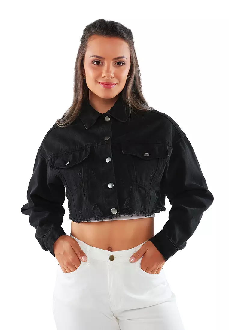 Womens black clearance ripped denim jacket