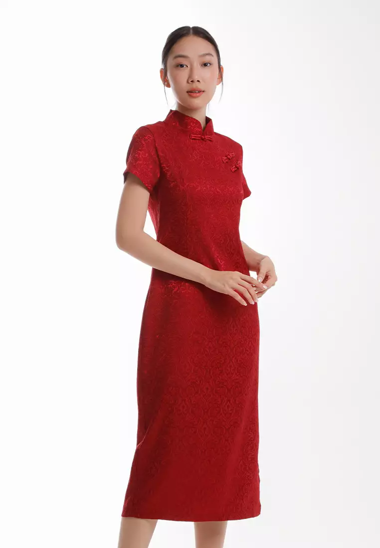 Buy FOREST Forest Ladies CNY Cheongsam Jacquard Short Sleeve Dress -  885135-50DarkRed Online | ZALORA Malaysia