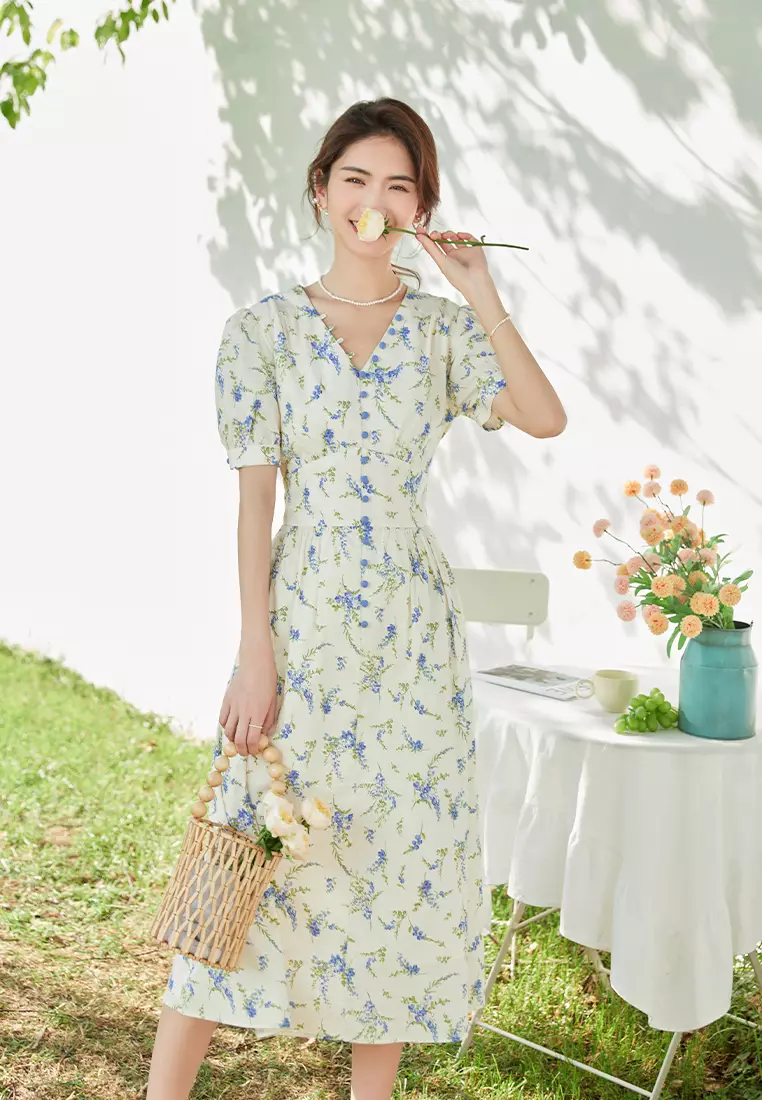 Summer Sping Vintage Floral V-Neck Midi Dress