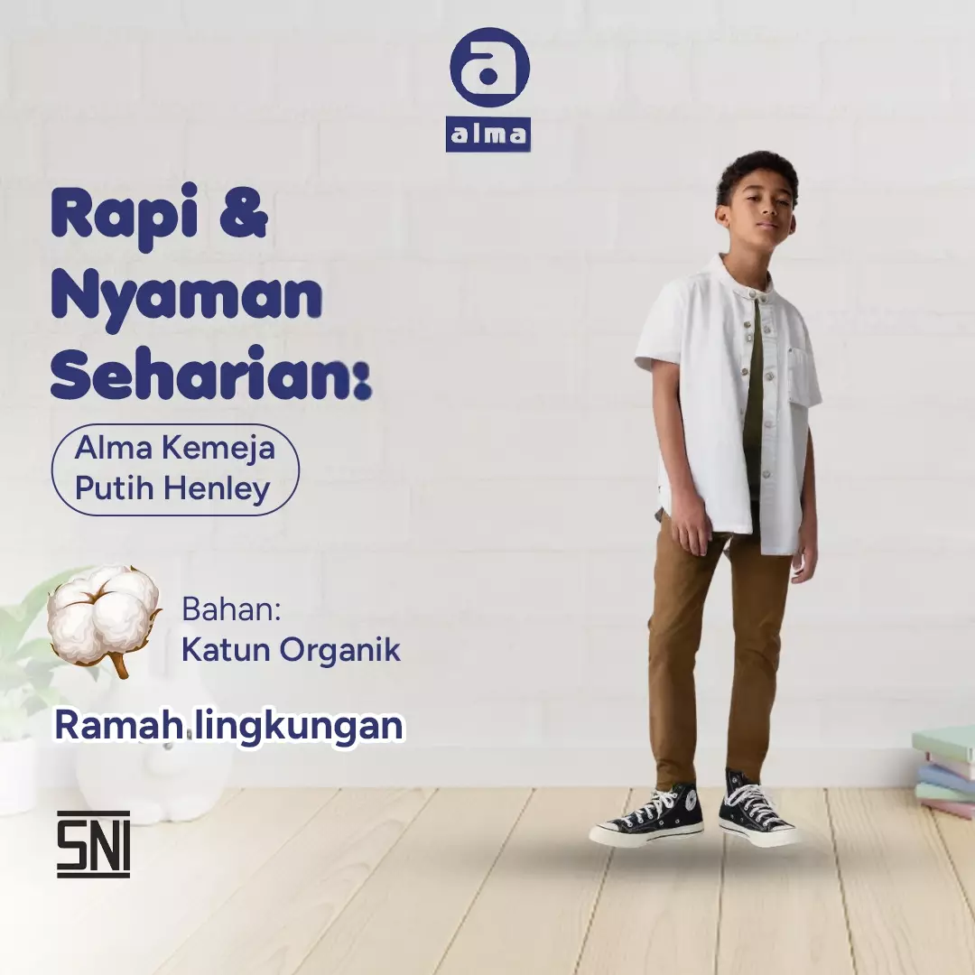 Alma Kids Kemeja Henley koko putih full cotton kerah bundar