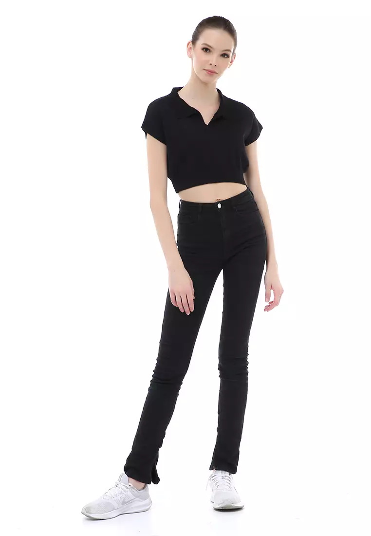 Albertine Atasan Crop Wanita Lengan Pendek Blouse Kerah Material Rajut ORIGINAL - Black