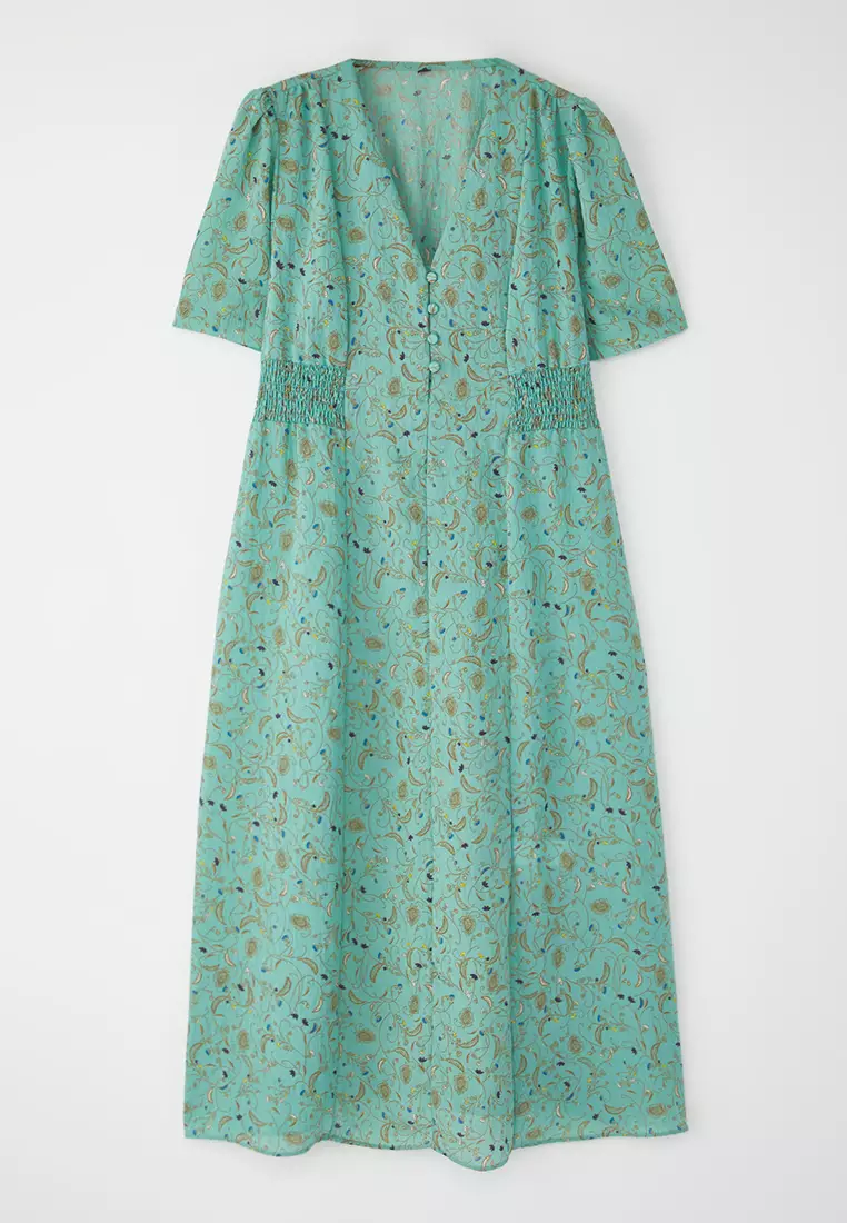Green Floral A-Line Gipel Midi Woven Dress TWOSS25EL00115