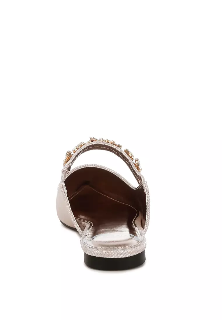 Diamante Strap Glitter Mules in Beige