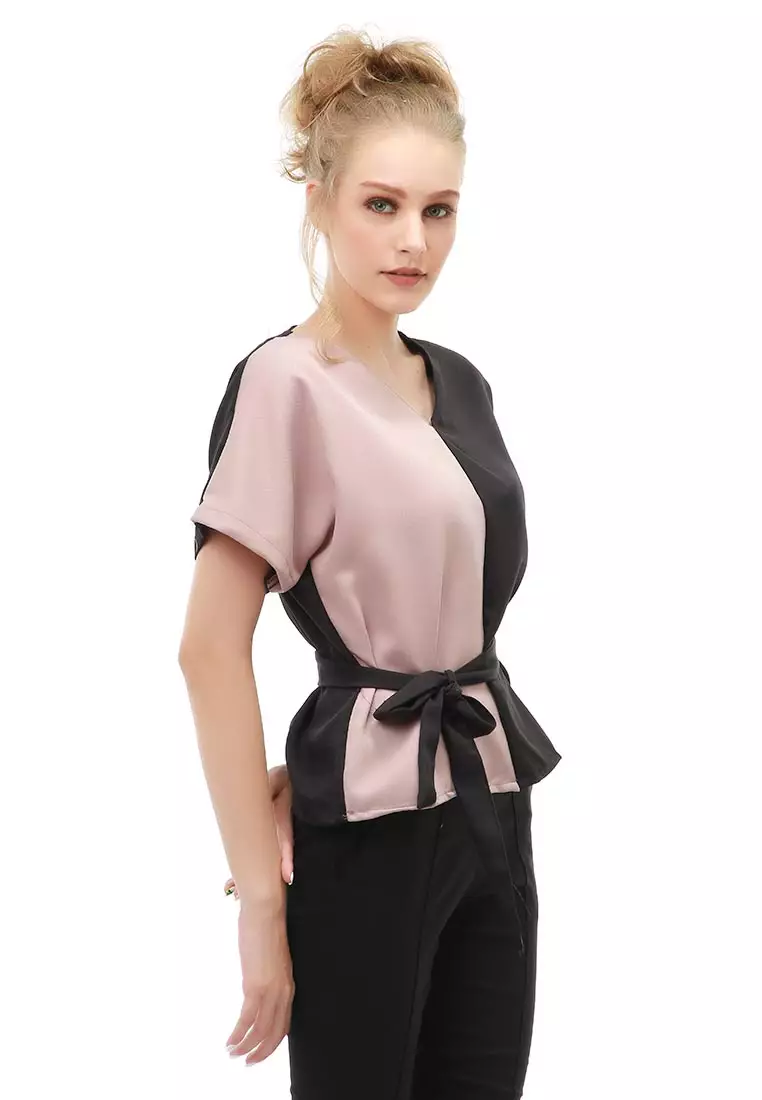 Cheva Blouse Atasan Wanita Kasual Tali Ikat Samping Kombinasi 2 Warna Material Moscrepe ORIGINAL