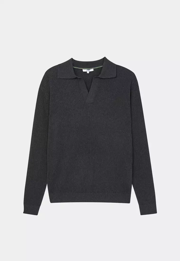 Dark Gray V-neck Vertical Stripe Textured Knitted Sweater