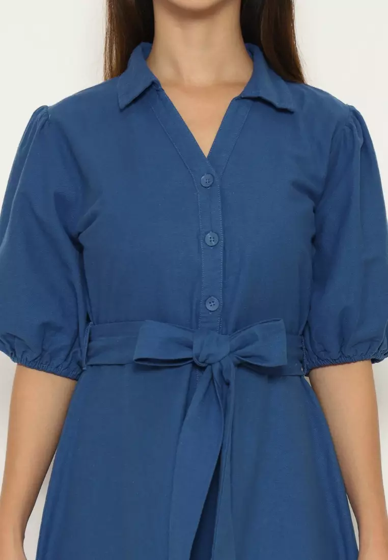 Urban Exchange Scarlet Dress Blue - Midi Dress Linen Warna Blue