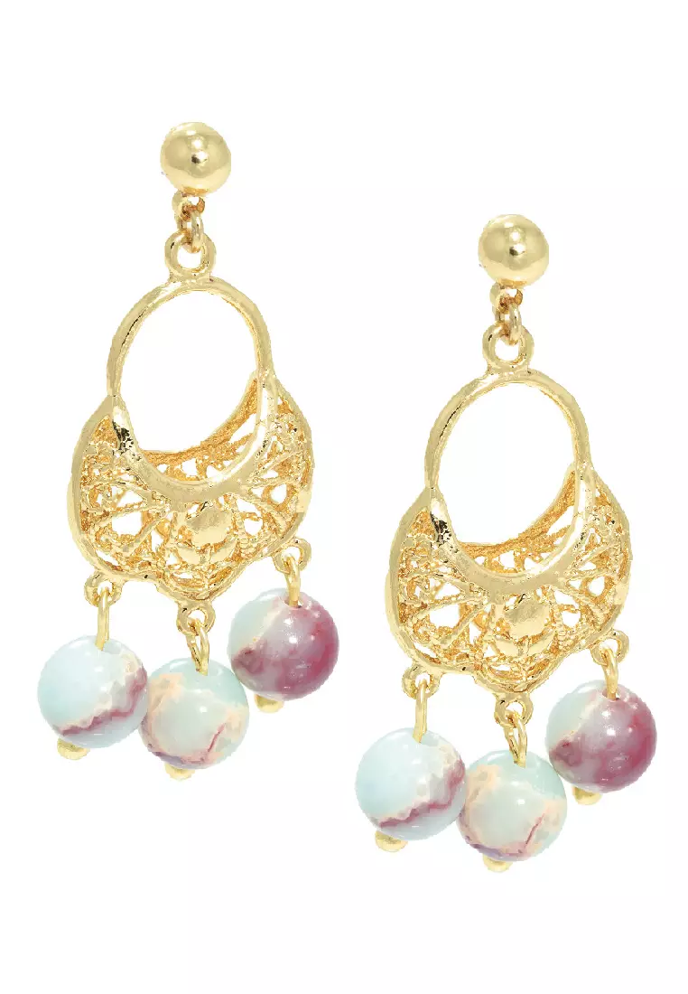 The Antecedent Store Oriental Motif Earrings with Pagodite Crystals 14K Real Gold Plated Jewelry
