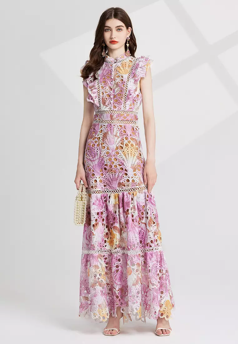 Colorful printed embroidered stand-up collar waist dress CA25070927PI