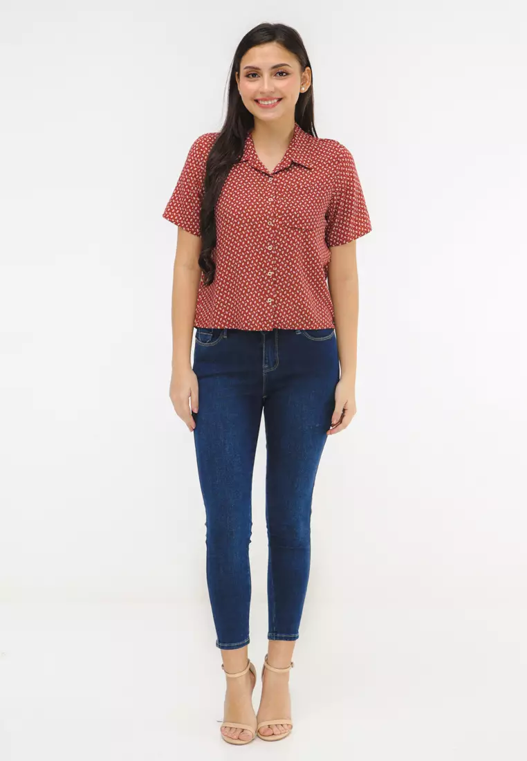 Woven Printed Rayon Short Sleeves Blouse