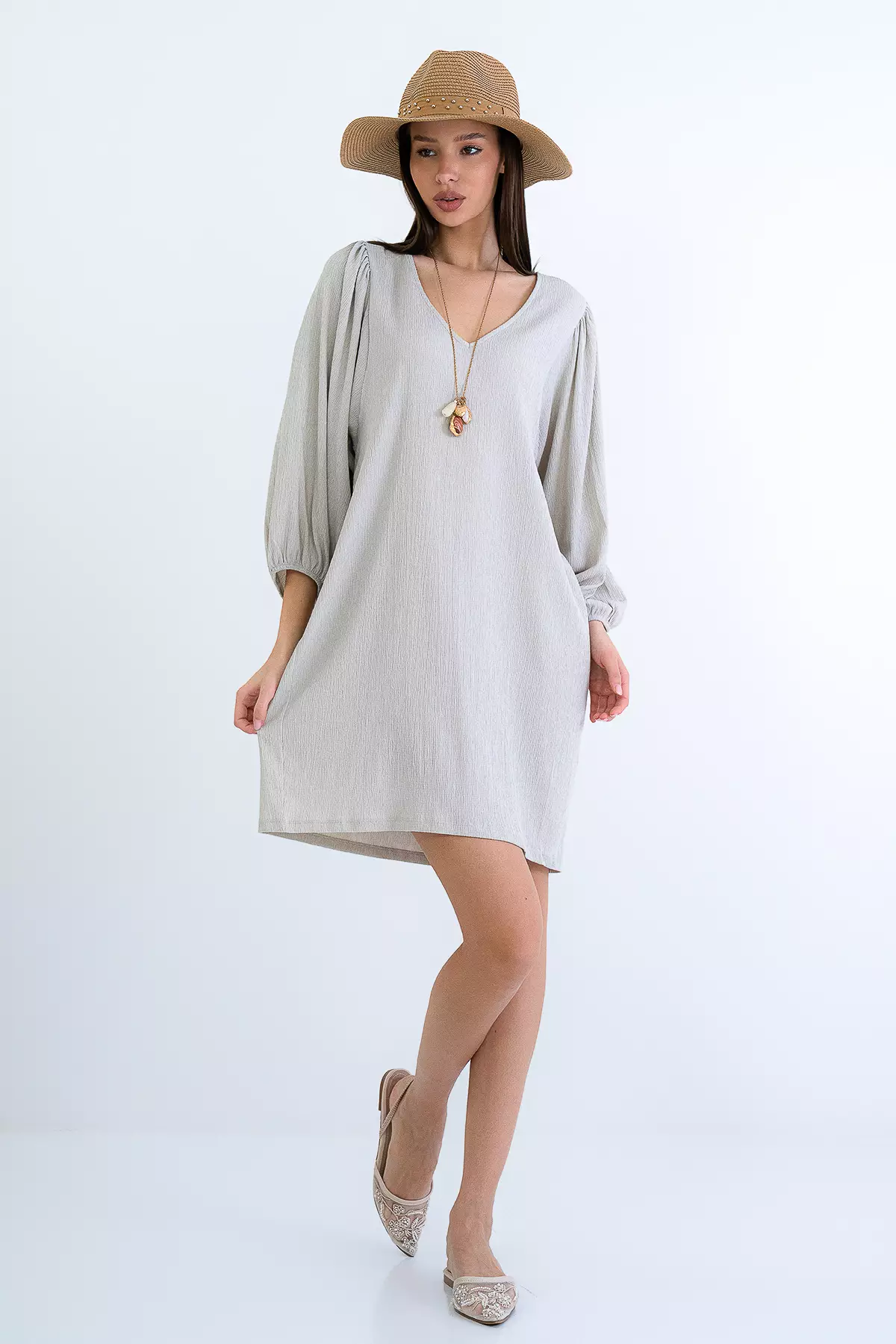 Beige V-Neck Princess Sleeve Wrap Mini Dress Alc-X15160