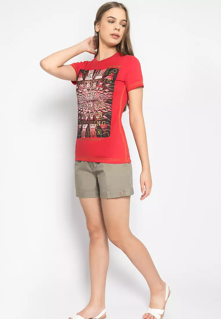 LGS - Kaos Casual Wanita - Lengan Pendek - Warna Merah - Gambar Sablon Depan