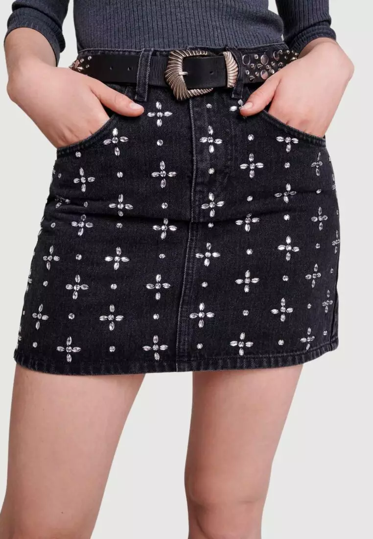 Short denim skirt with rhinestones