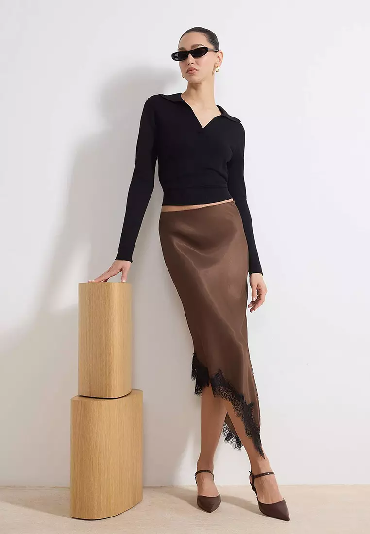 Dark Brown Asymmetric Cut Lace Detailed Woven Satin Midi Skirt Twoss26Et3