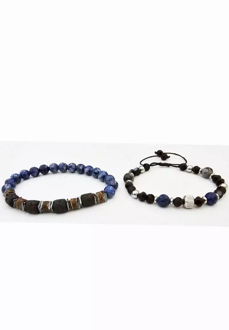 Aksesoris Pria 2 in 1 Lapiz Stones Multistrand Bracelet Gelang Pria Blue & Black