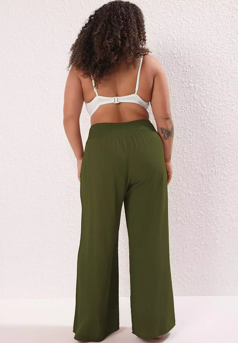 Khaki Wide Leg High Waist Beach Wear Plus Size Pants Tbbss25Ar00000