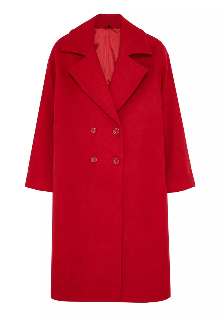 Red Oversize Wide Cut Long Wool Cashmere Coat TWOAW21KB0038