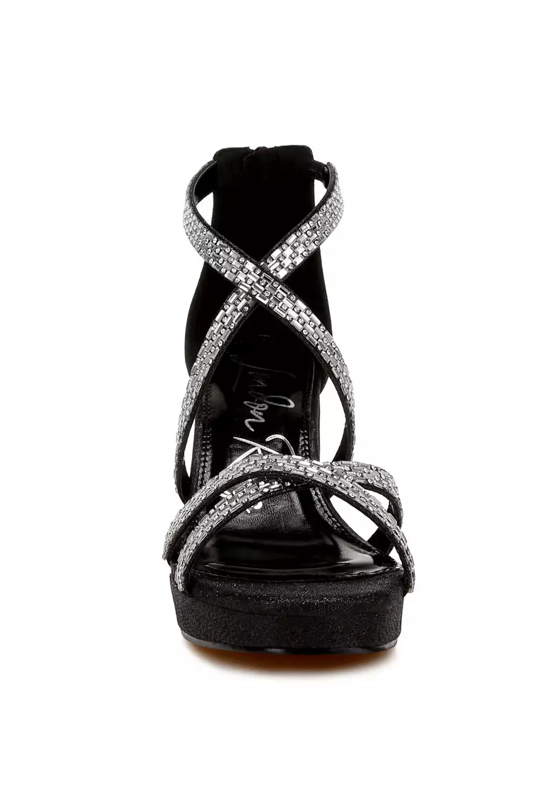 Sandal Bertali Hiasan Berlian Imitasi dalam Warna Hitam