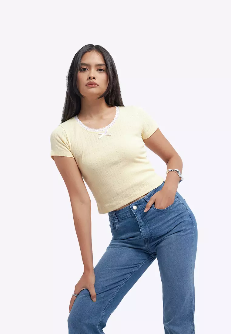 Lace Trim Pointelle Fitted Tee