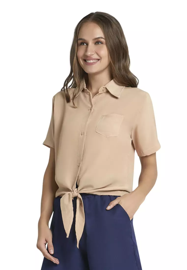 Roseanne Blouse Short Sleeve Motif Solid Atasan Baju Wanita Casual - Coklat Susu