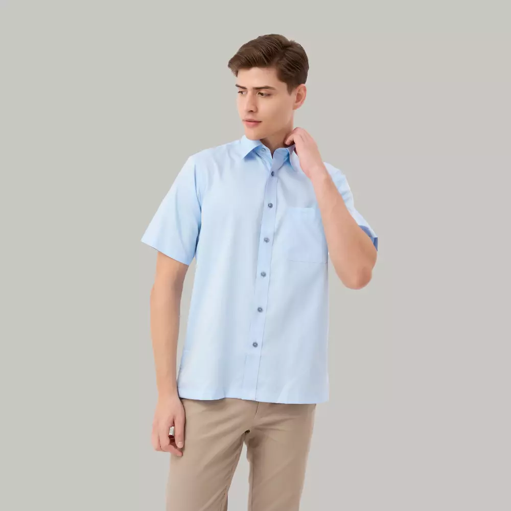 Kemeja Lengan Pendek Pierre Cardin Solid Celeste - Light Blue Cotton Smart Office