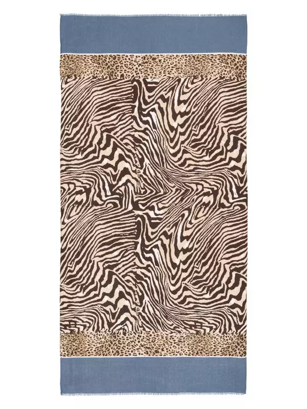 Hijab Scarf Animal Print Stripes Blue Border Viscose Scarf Beige, Brown & Blue