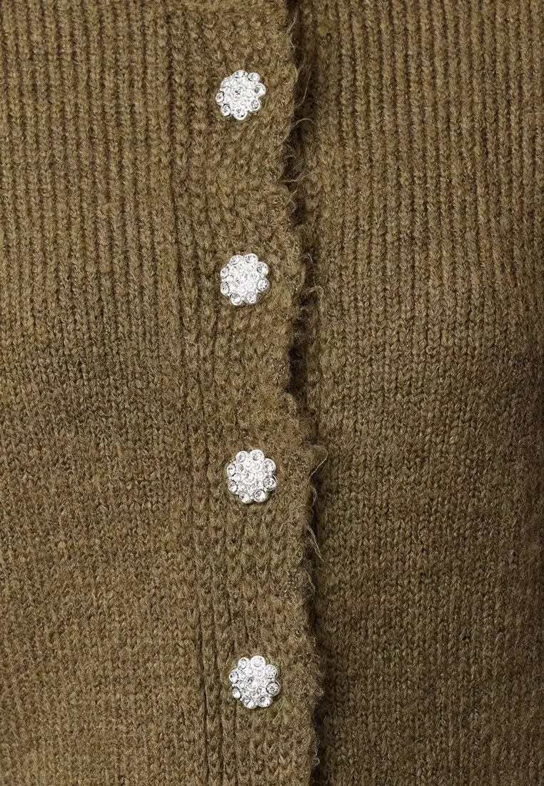 Khaki Soft Texture Jewel Buttoned Jacket Look Knitwear Cardigan TWOAW21HI0034