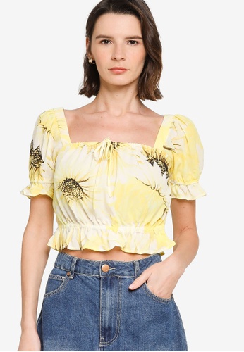 H&M yellow and multi Puff-Sleeved Blouse 68021AA33EACC1GS_1
