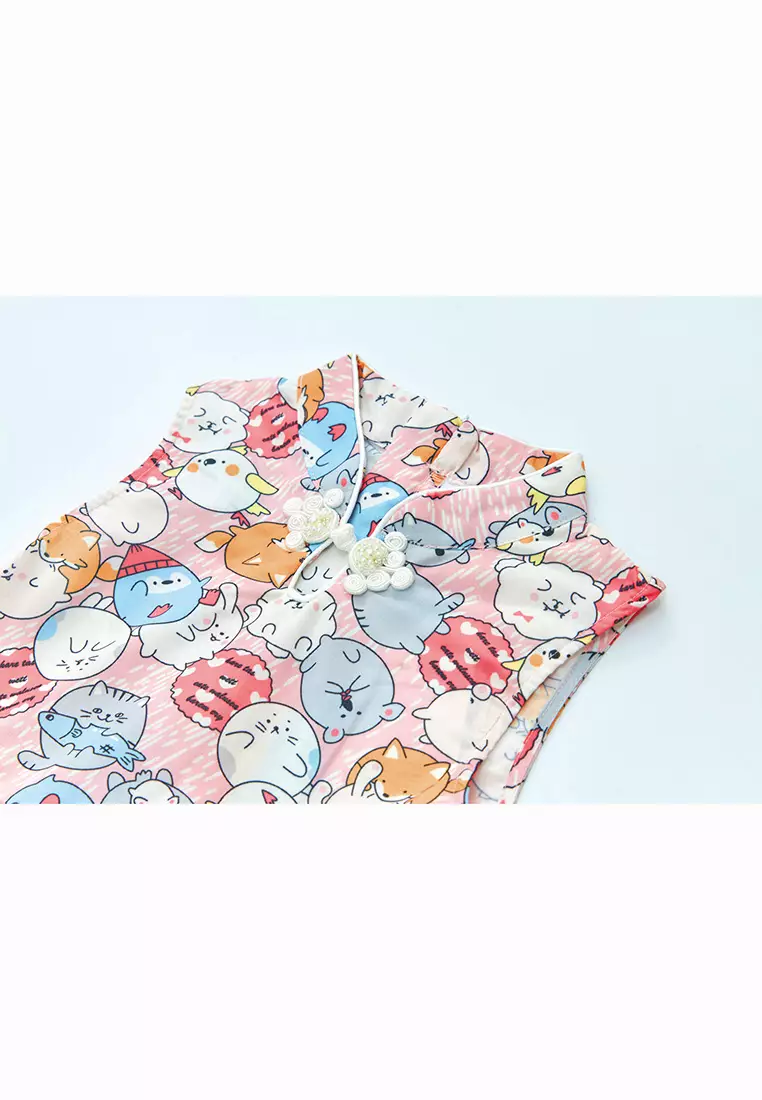 Purrfect Family Paws Baby Kids Girl Sleeveless Pink Cats Voile Cheongsam Dress Family Wear 0814