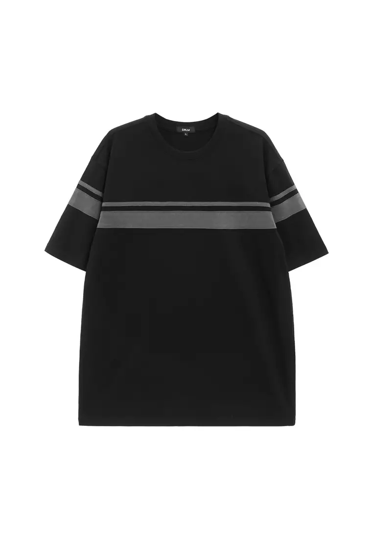 Cut & Sew Colour Bar Short Sleeve Relaxed Fit Tee- Black