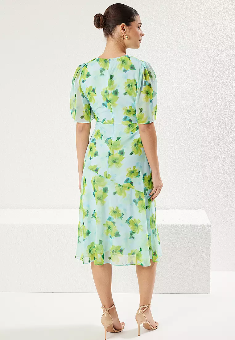 Light Blue Plain A Cut Midi Woven Dress