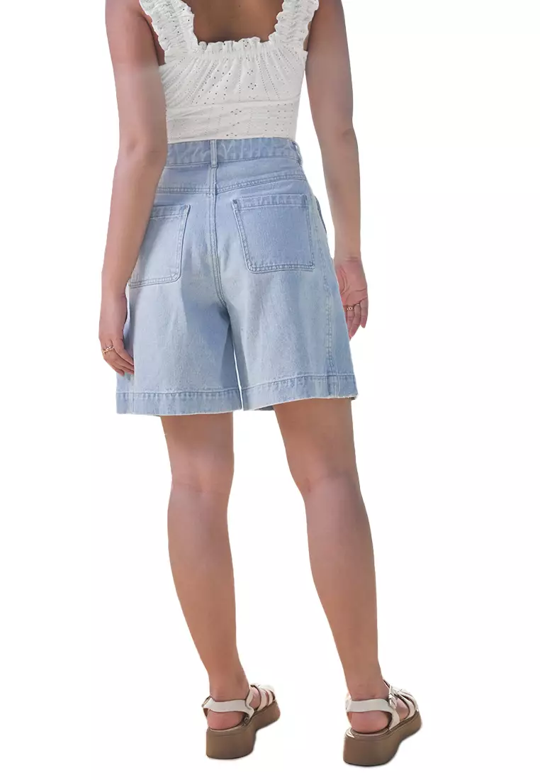 Denim Wide Leg Shorts With Yoke Detail