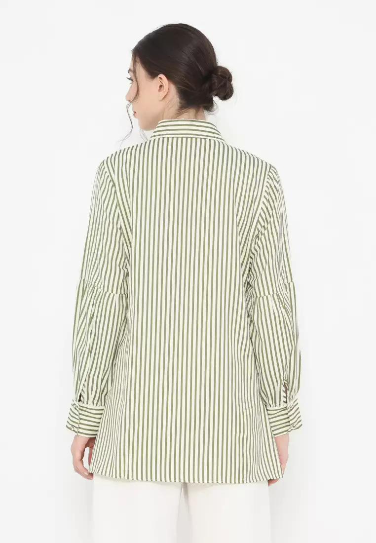 Shirt Long Sleeve Puffy Cream Striped Green Arlette By Brilliant Girl Warna Cream