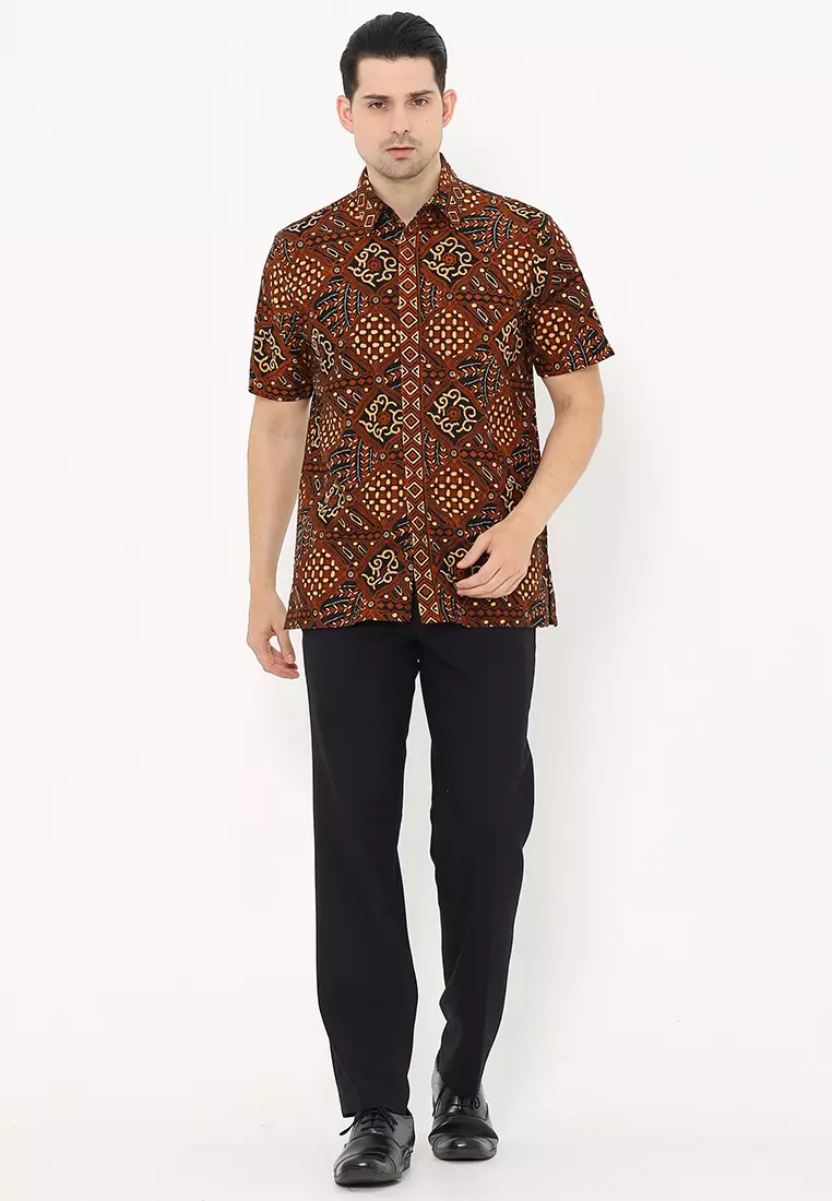 Hadinata Batik Pria Kemeja Pendek Cap Semi Tulis Handaru