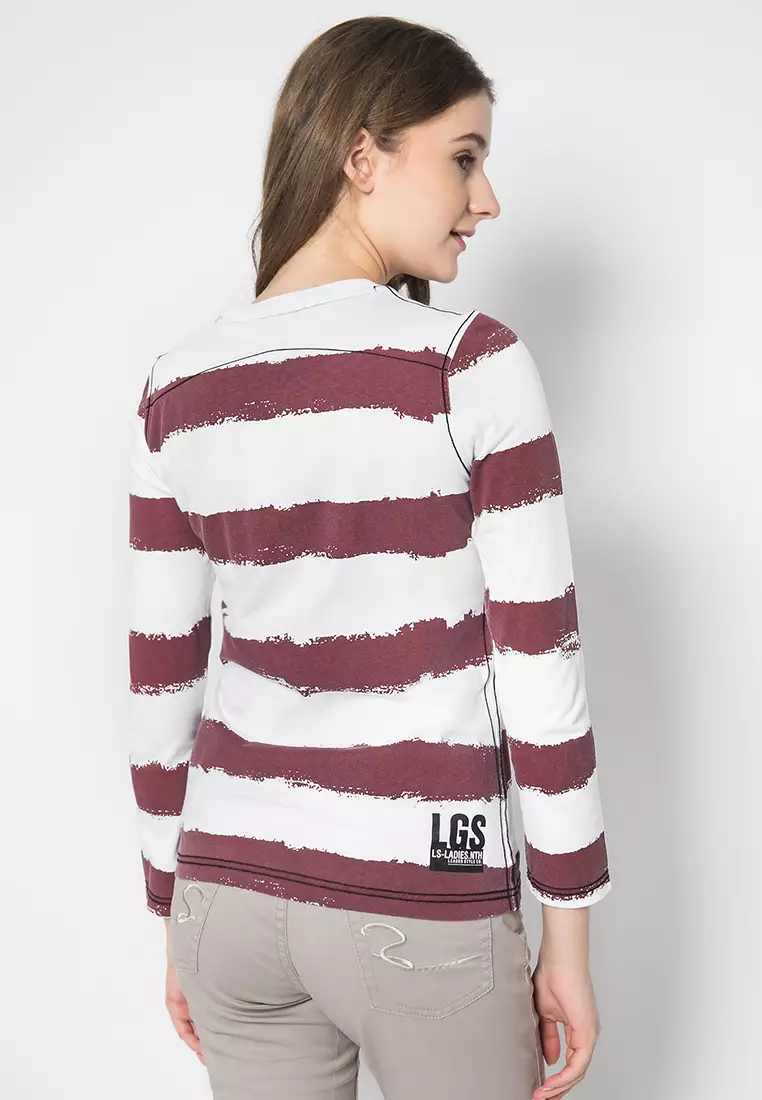LGS - Kaos Casual Wanita - Lengan Panjang - Motif Salur - Abu-Abu/Maroon - LTS.555.K951.019.C-L/S