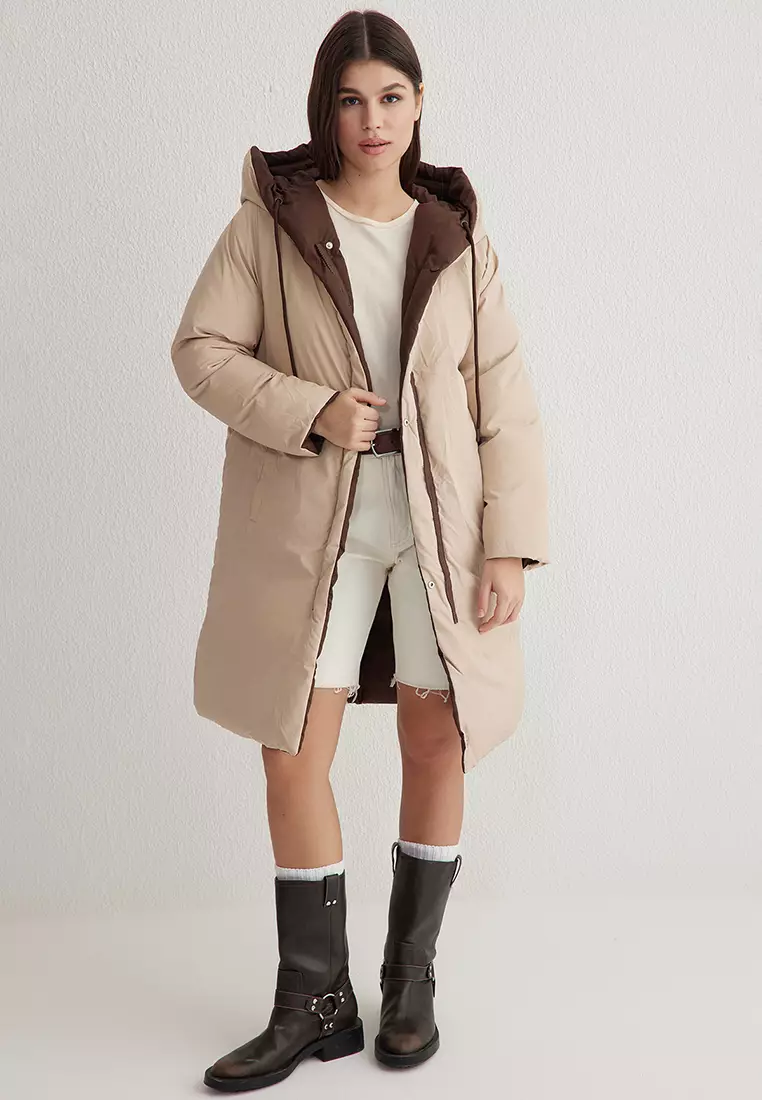 Dark Brown Ecru Double Sided Regular Fit Hooded Water Repellent Long Down Coat