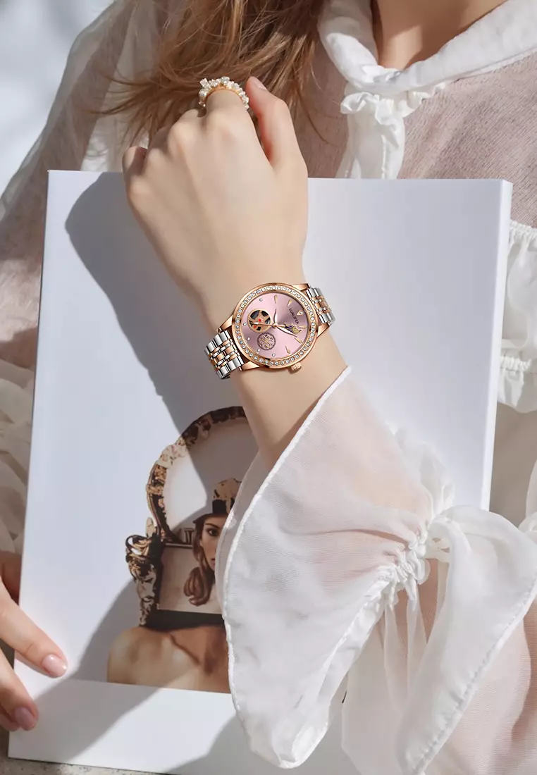 Jam Tangan Wanita E055 Korea Mewah Kuarsa Bercahaya Tali Paduan Jam Tangan Cewek Original pink