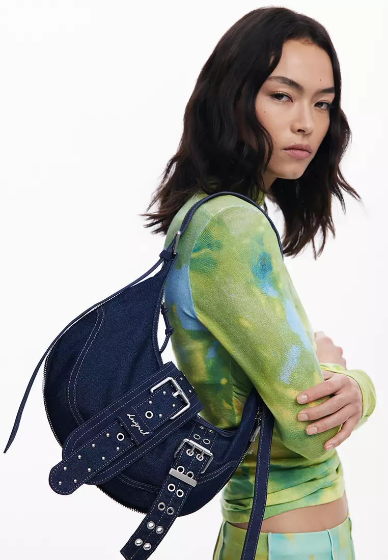 Medium denim bag with buckles