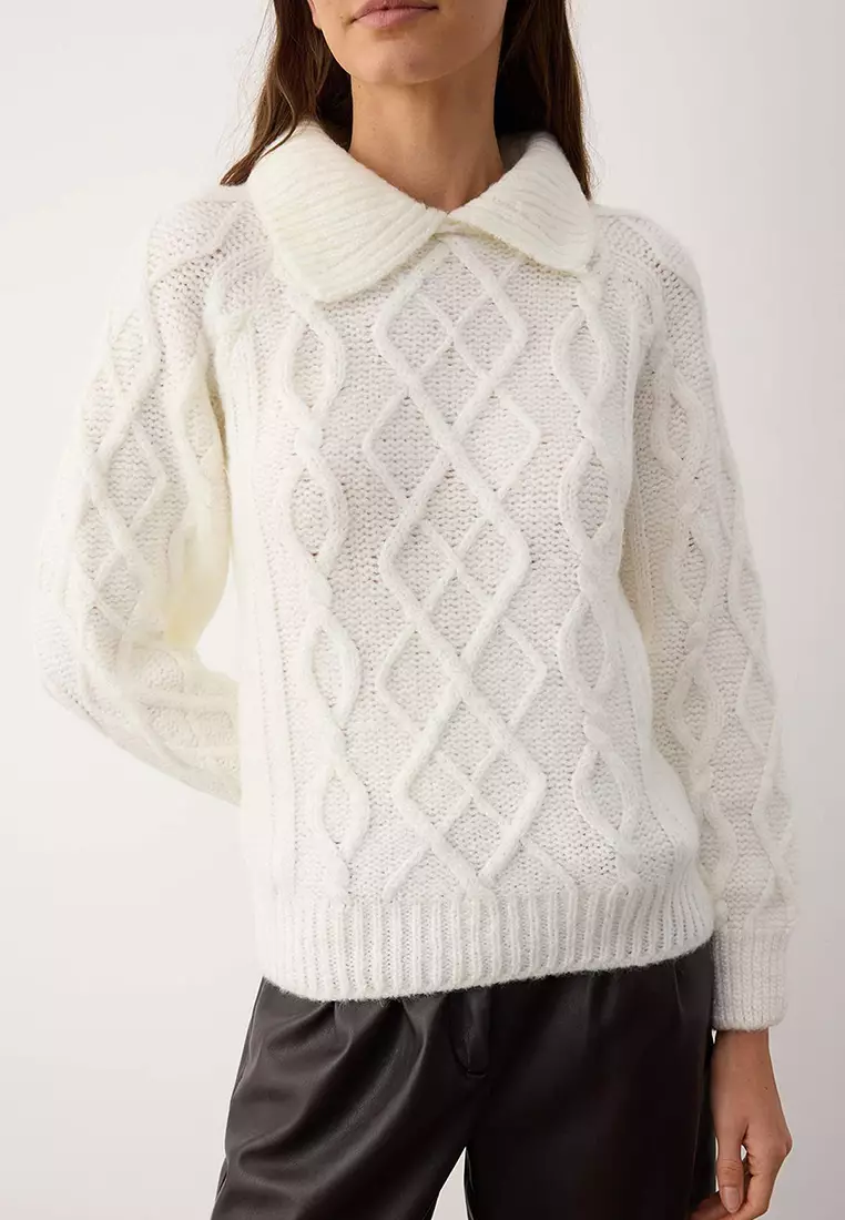 Ecru Soft Textured Knitted Patterned Knitwear Sweater