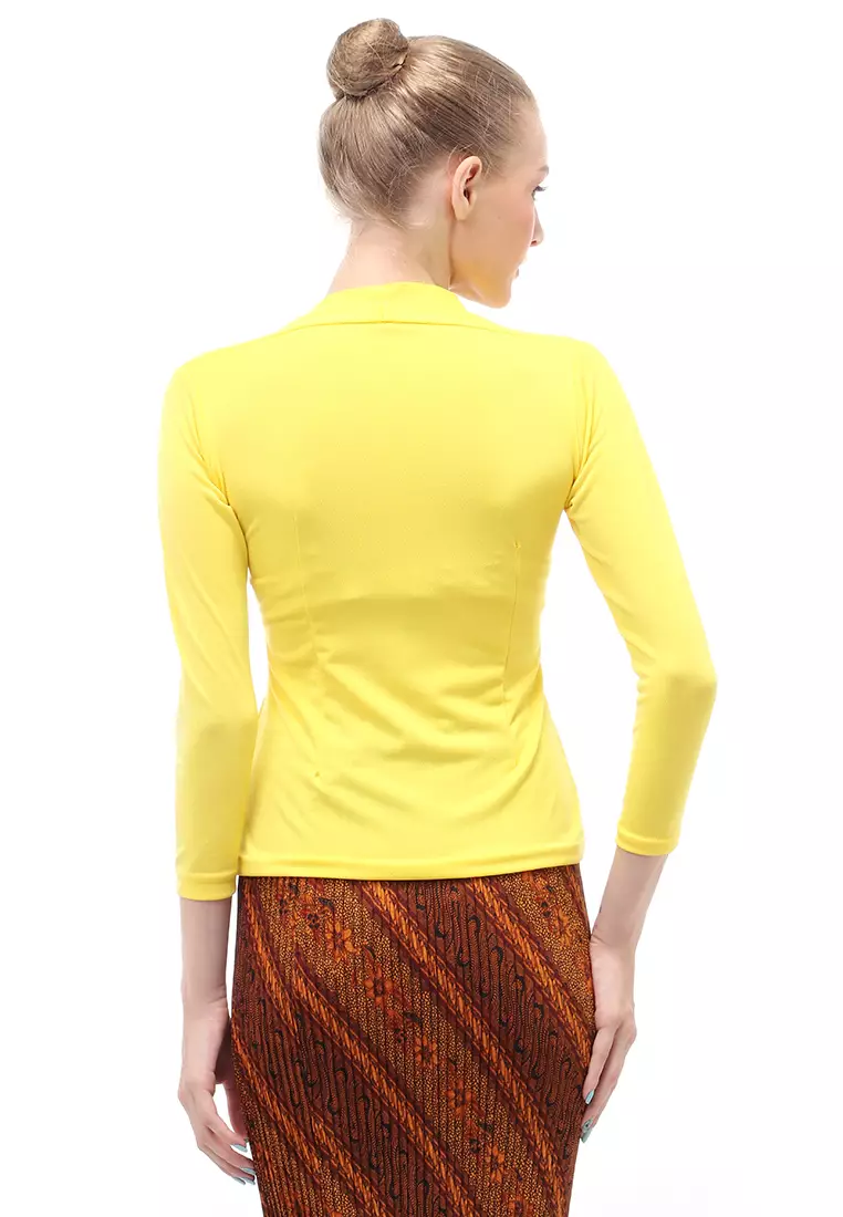 Kebaya Atasan Wanita Motif Solid Long Sleeves Slip On Style Design Casual Relaxed Fit - Kuning