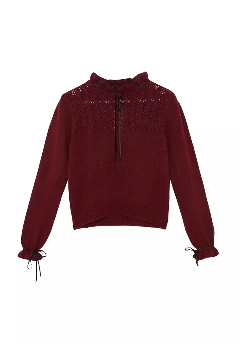 Claret Red Soft Texture Openwork/Hole Ribbon/Bow Detailed Knitwear Sweater TWOAW21KZ2355