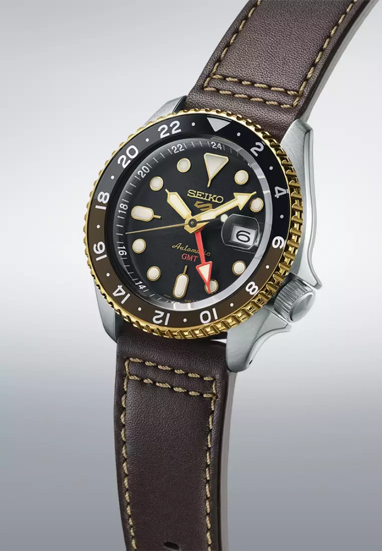 Seiko 5 Sports SKX GMT In Mocha Black Dial Dark Brown Calfskin Leather Band Automatic Watch SSK036K1