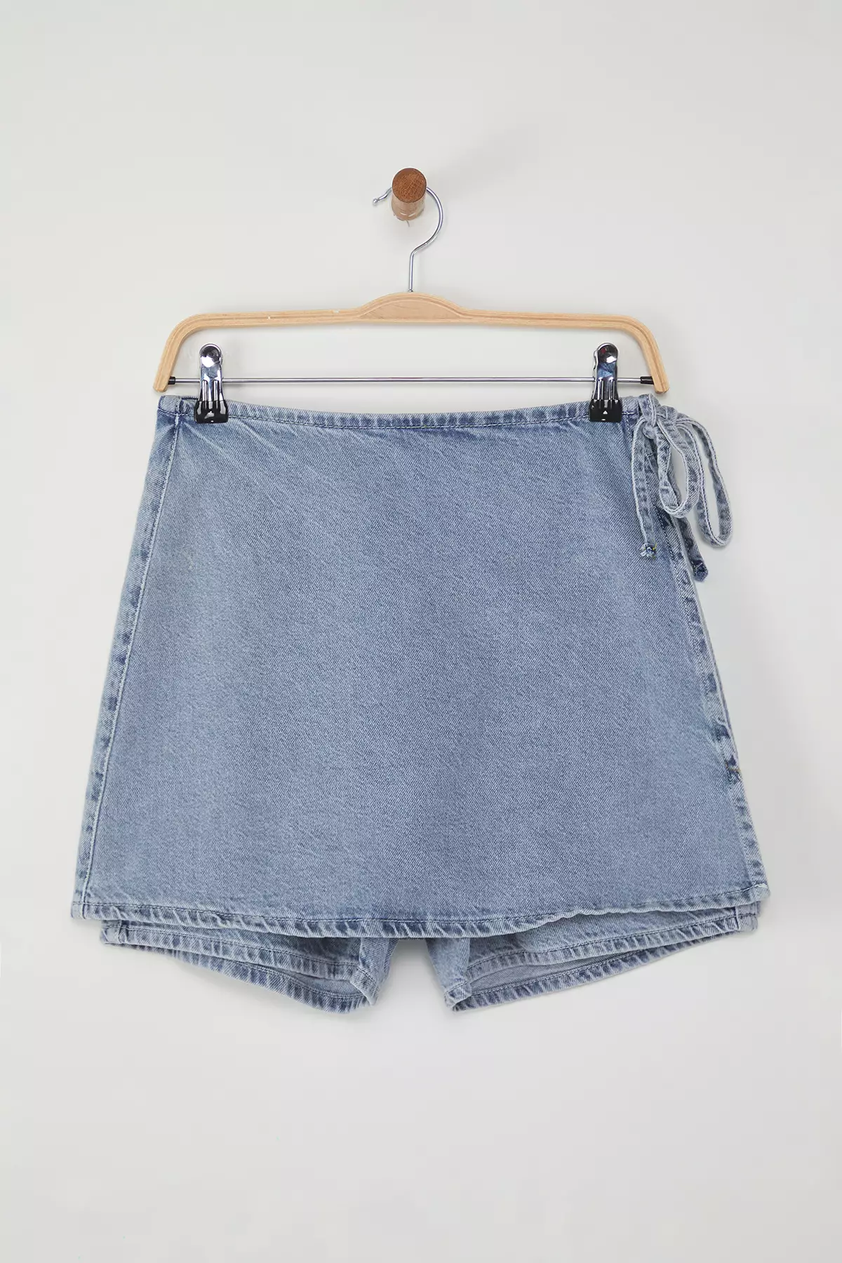 Blue Double Breasted Tie Detail High Waist Denim Shorts Skirt TWOSS25SR00111