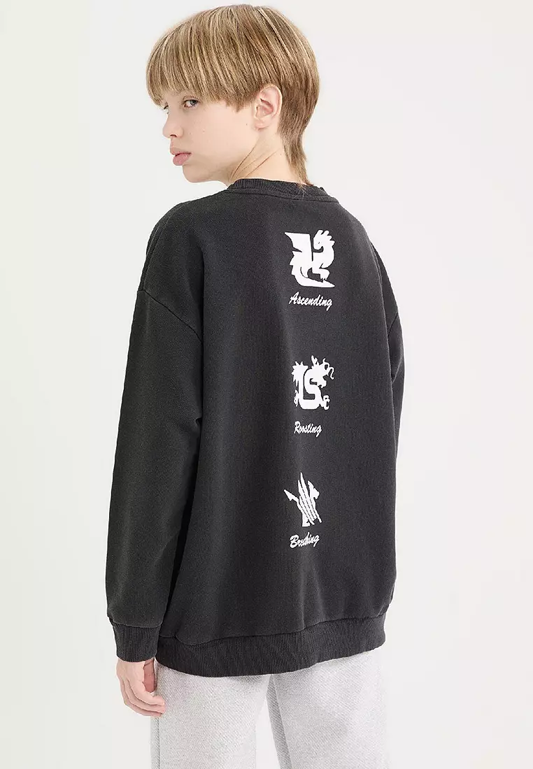 Oversize Wide Cut Crew Neck Back Printed Washed Faded Effect Sweatshirt