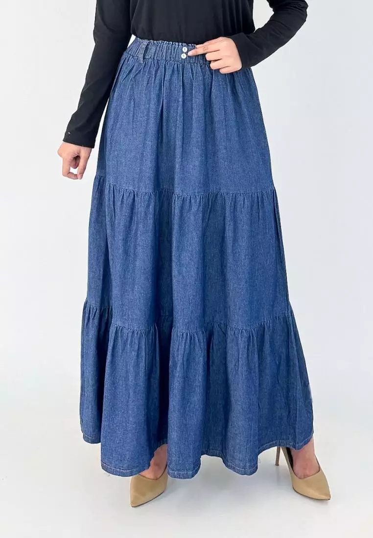 LEZAHRASIGNATURE Arabel Denim Skirt (Rok Panjang Jeans Flare) Biru Tua